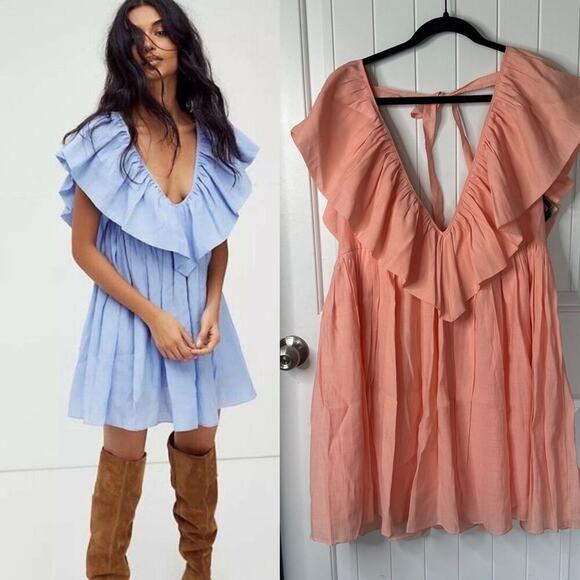 Free‎ People x Ketevanna peach Anna ruffle mini dress size - Picture 1 of 7